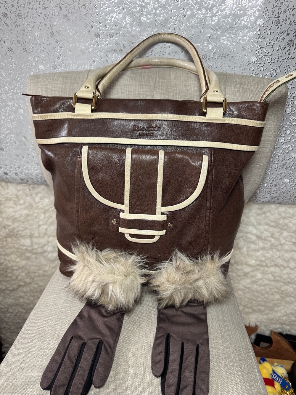 kate spade Brown and Cream Leather Tote with Faux Fur-Trim Gloves - Picture 1 of 5